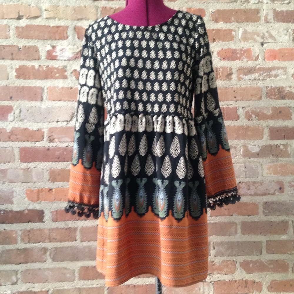 Boho Orange & Black Long Sleeve Tunic Top Small